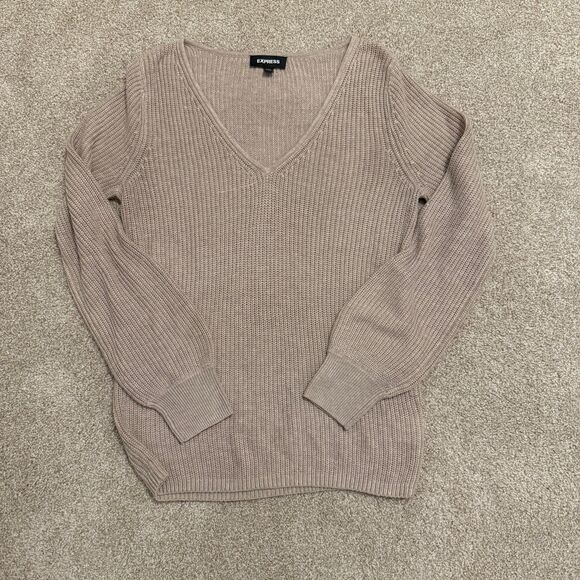 Express V-Neck Ribbed Long Puff Sleeve Knit Sweater Pink Beige Women's Small - Picture 7 of 9